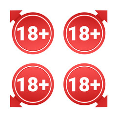 Set of 18 plus badge. Eighteen plus sign. Age restriction symbol. Isolated on white background