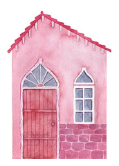 Watercolor pink cartoon house with wooden door and tiled roof