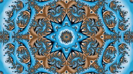 abstract ornament scattered in kaleidoscopic order on a blue background creates the image of a star with a circular fractal ornament in the center