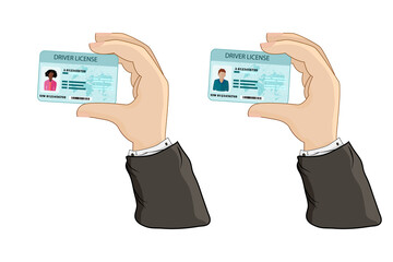 Car driver license in hand isolated on white background.Hand holding or showing the car driver license identification card with photo. Identity,ID,identity verification,person data.Vector illustration