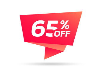 65% sale or discount tag, sticker or origami label. 65 percent price off badge. Promotion, ad banner, promo coupon design element. Vector illustration.