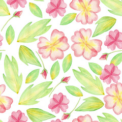 Spring Easter seamless pattern. Pink flowers, buds and petals, leaves. Watercolor