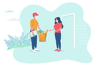 Fototapeta premium Safe delivery concept. Courier in protective mask and gloves deliver food to people in quarantine. Girl in mask receives the parcel with food. Vector illustration. Coronavirus, quarantine delivery.