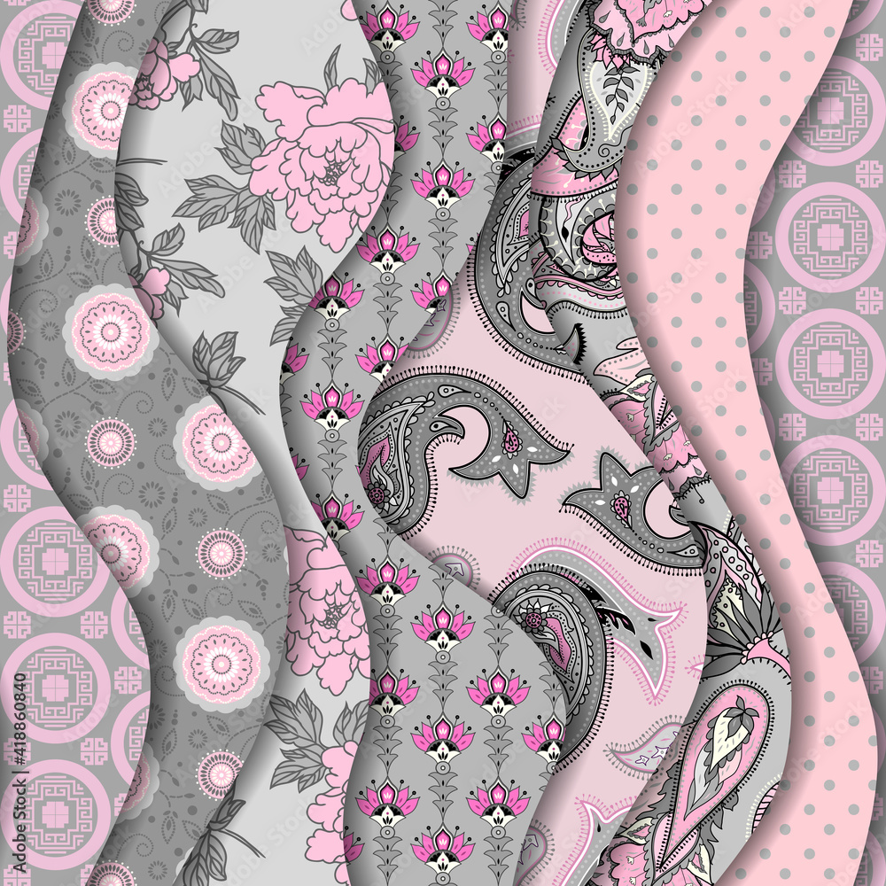 Poster Paper cut shapes design pattern. Seamless vector pattern. Pink and gray patchwork in layered style.