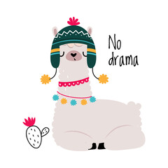 Pretty Wolly Llama or Alpaca Wearing Knitted Hat with Tassel Sitting Vector Illustration