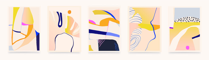 Set of colorful abstract illustrations. Modern style wall decor. Collection of contemporary artistic posters. - obrazy, fototapety, plakaty