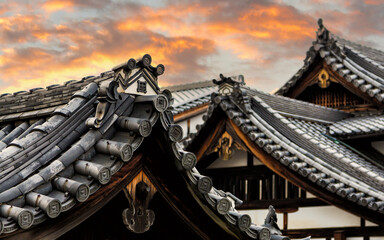 Sunset over the rooftops of historic Gion, Kyoto, Japan
