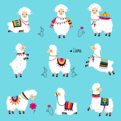Cute Fluffy Llama or Alpaca Camelid Pack Animal Vector Set