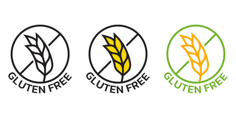 Gluten free icon set with grain or wheat symbol. Food allergy label or logo collection. Vector illustration.