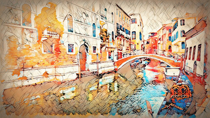Romantic scenery of Venice, Italy. Computer painting.