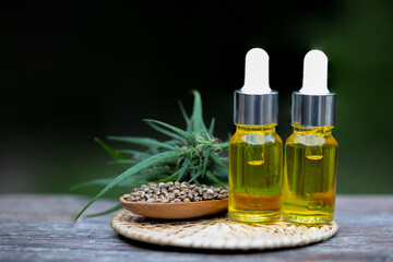 Cannabis seeds and CBD oil cannabis extract, green hemp leaf background, Medical cannabis concept.