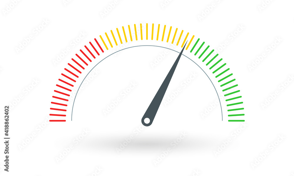 Poster gauge or meter indicator. speedometer icon with red, yellow, green scale and arrow. progress perform
