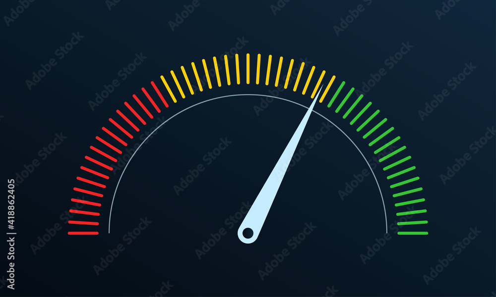 Poster gauge or meter indicator. speedometer icon with red, yellow, green scale and arrow. progress perform