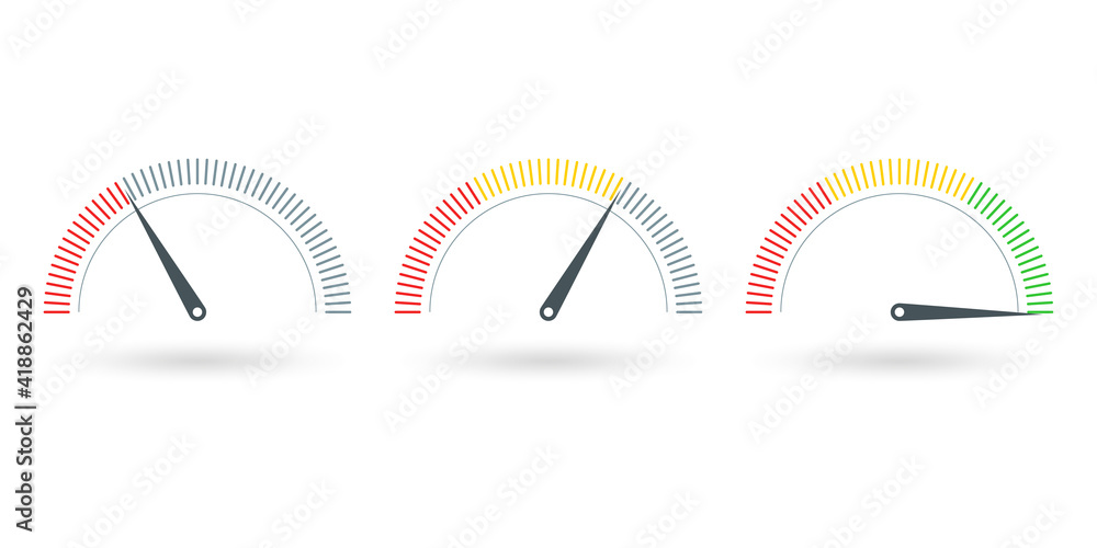 Poster gauge or meter indicator set. speedometer icon with red, yellow, green scale and arrow. progress per