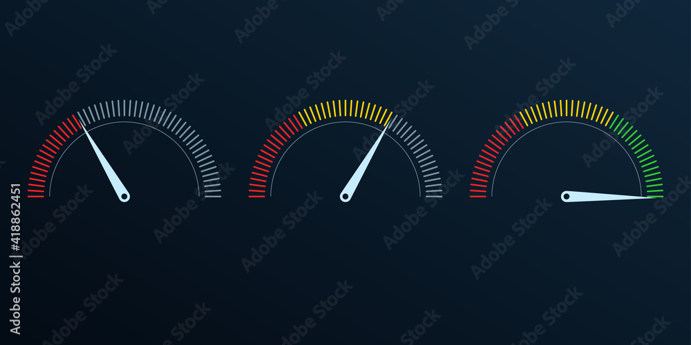 Poster gauge or meter indicator set. speedometer icon with red, yellow, green scale and arrow. progress per