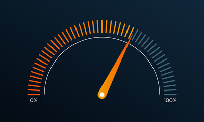 Gauge or meter indicator. Speedometer icon with red, yellow, green scale and arrow. Progress performance chart. Vector illustration.