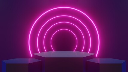 Abstract Concept Three hexagonal stands lined up and illuminated neon pink circle laser glow lights, used for product display and products - 3d render.