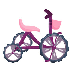 A pink tricycle in cartoon style is isolated on a white background. Vector illustration, a bicycle for children with a basket for toys.