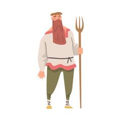 Bearded Medieval Male Peasant Standing with Fork Vector Illustration