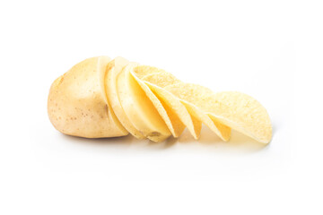 Potato slices turning into chips isolated on white background