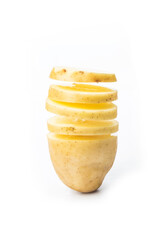 Potato slices turning into chips isolated on white background