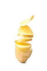 Potato slices turning into chips isolated on white background