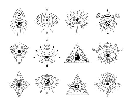 Vector collecton line art mystic eyes tattoo. Set of providence sight witchcraft symbol. Evil eye amulet geometric ornament. Esoteric sign. Boho design. Sacred geometry, occultism, mystical.