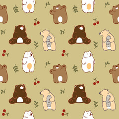 Seamless Pattern with Bear, Cherry and Leaf Illustration Design on Olive Green Background
