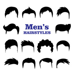 Set of Mens hairstyles. Design constructor with black silhouette fashionable mens haircut isolated on white background. Fashion hand drawn vector illustration