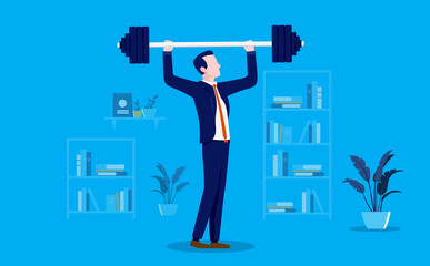 Businessman working out - Man lifting weight indoors. Strong business metaphor. Vector illustration.