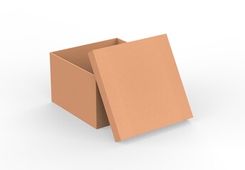 Brown square cardboard packaging box mockup, Kraft paper box mock up template on isolated white background, 3d illustration