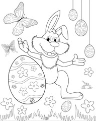 Easter bunny coloring book. A sketch of an Easter bunny. Easter eggs. Black outlines on a white background. Coloring book for children