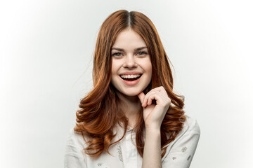 emotional woman gesturing with hands lifestyle studio isolated background model