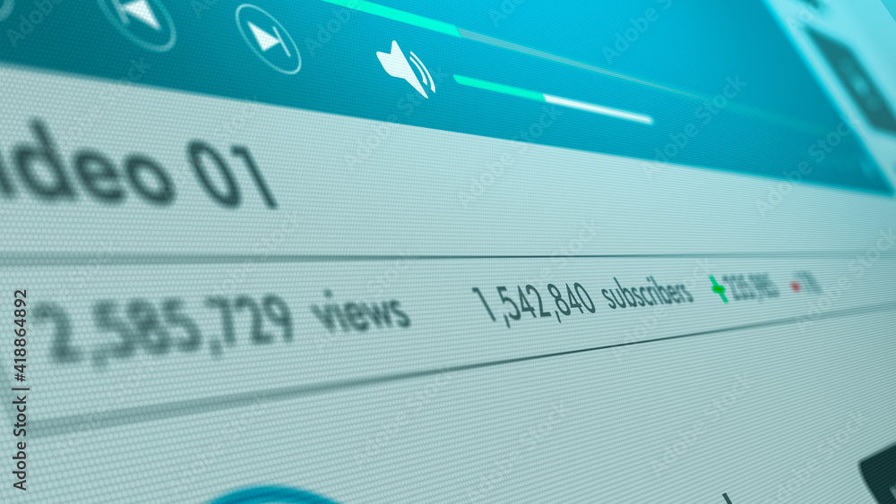 Aufkleber close-up view of a computer monitor, video channel template with views and subscribers counter, ligh