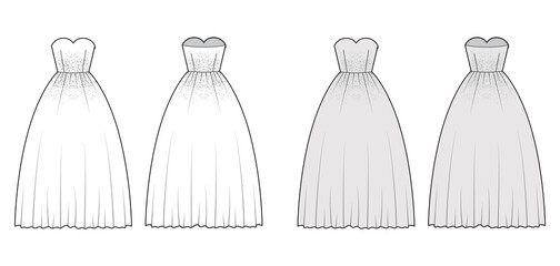 Crinoline dress technical fashion illustration with strapless sweetheart neckline, floor length, full skirt, embellishment motif. Flat front, back, white, grey color style. Women men unisex CAD mockup