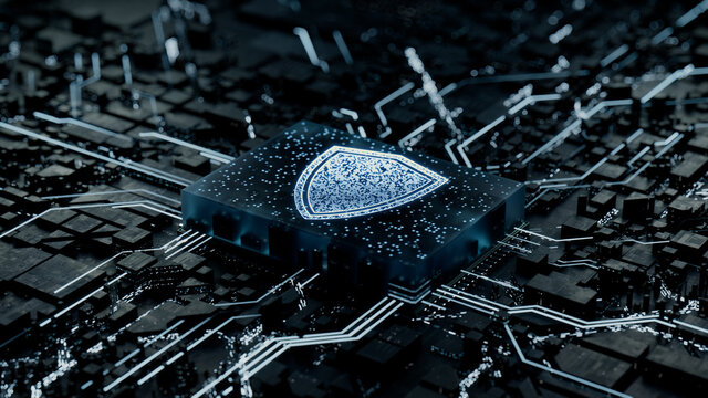 Security Technology Concept with shield symbol on a Microchip. Data flows from the CPU across a Futuristic Motherboard. 3D render.
