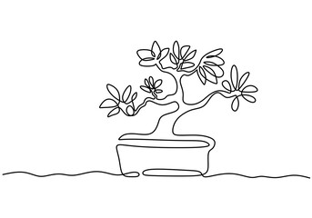 A bonsai tree in pot one continuous line drawing vector isolated on white background with minimal design. Decorative old miniature plants for home interior design. Houseplant concept