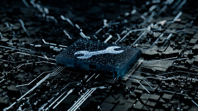 Configure Technology Concept with tool symbol on a Microchip. Data flows from the CPU across a Futuristic Motherboard. 3D render.