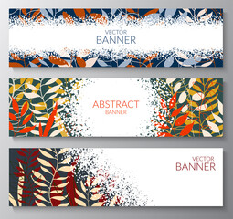 Natural background with colored leaves. Set of banners with textured dots with place for text. Modern flat design for packaging, advertising, congratulations, social networks. Vector illustration