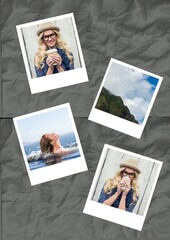 Composition of four instant photos of mountain top woman in lake and drinking coffee on grey texture