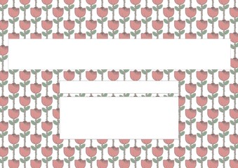 Composition of repeated red flower design on white background with white rectangular copy spaces