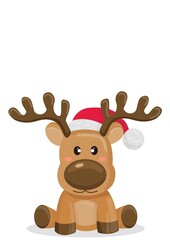 Illustration of cartoon reindeer wearing santa hat sitting on white background