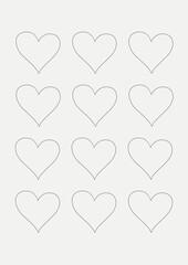 Illustration of four rows of black outlined hearts with copy space on light grey background