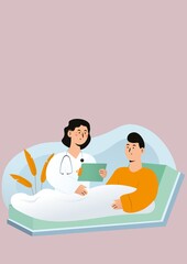 Illustration of female doctor consulting male patient on beige background