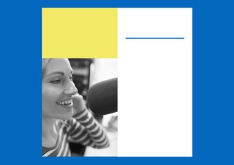 Composition with black and white photo of woman with copy space on yellow, white and blue background
