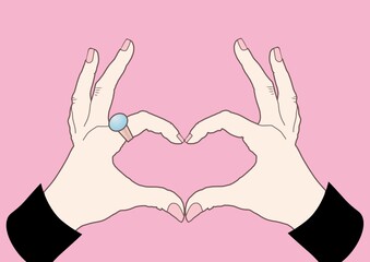 Illustration of hands forming heart with copy space on pink background