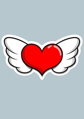 Illustration of red heart with white wings and copy space on blue background