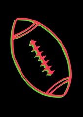 Illustration of vibrant red and green outlined rugby ball with copy space on black background