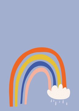Illustration of rainbow with cloud and rain with copy space on blue background