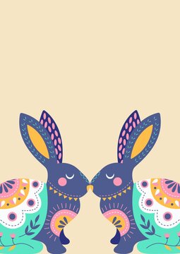 Illustration of two decorated easter bunnies with copy space on cream background